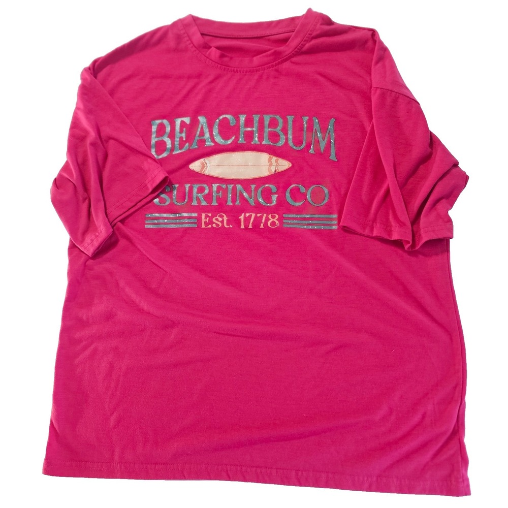 SHEIN Womens Pink Beachbum Surfing Co Graphic Tee Small Short Sleeve T Shirt